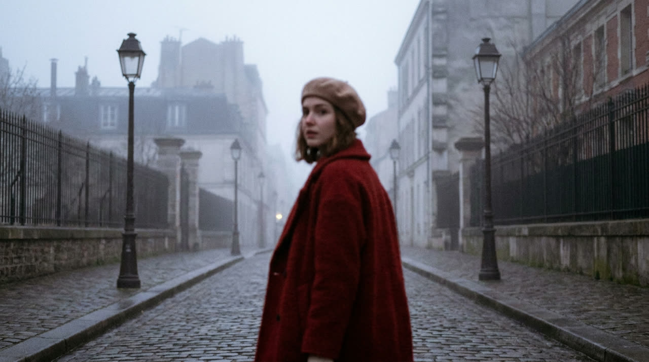 A woman in a red coat on a foggy Parisian street — the result of the strong prompt