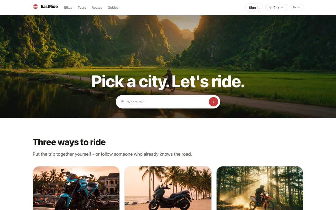 Главная страница EastRide — живая travel-платформа для райдеров в Азии